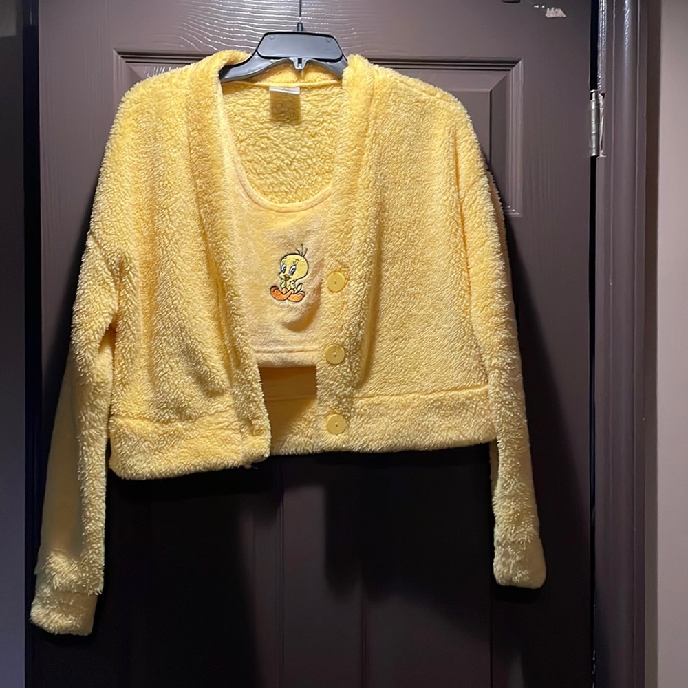 Two piece fuzzy yellow tweety bird cardigan set. size M